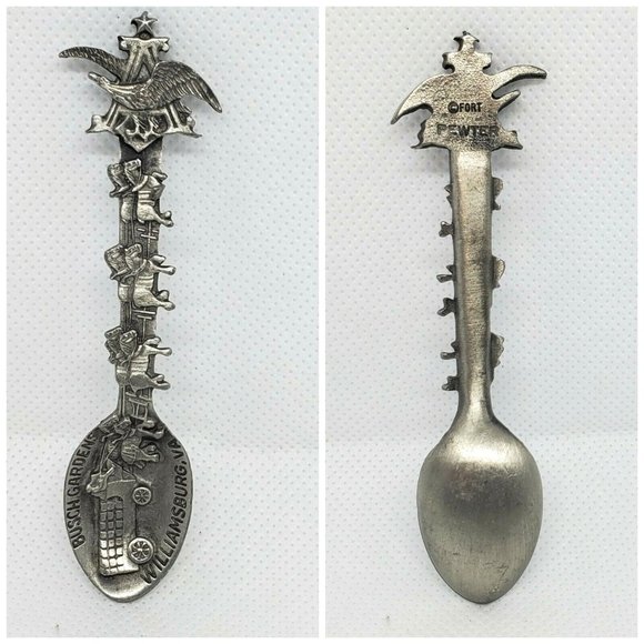 Fort Busch Gardens Williamsburg VA Eagle Embossed Pewter Mini Spoon | Vintage - Picture 1 of 12